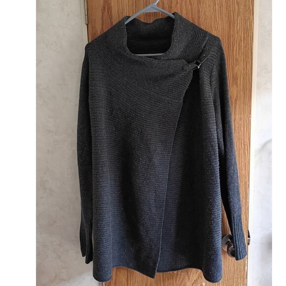 Tahari Charcoal Gray Merino Wool Blend Draped Funnel Neck Sweater S Minimalist - Picture 9 of 11